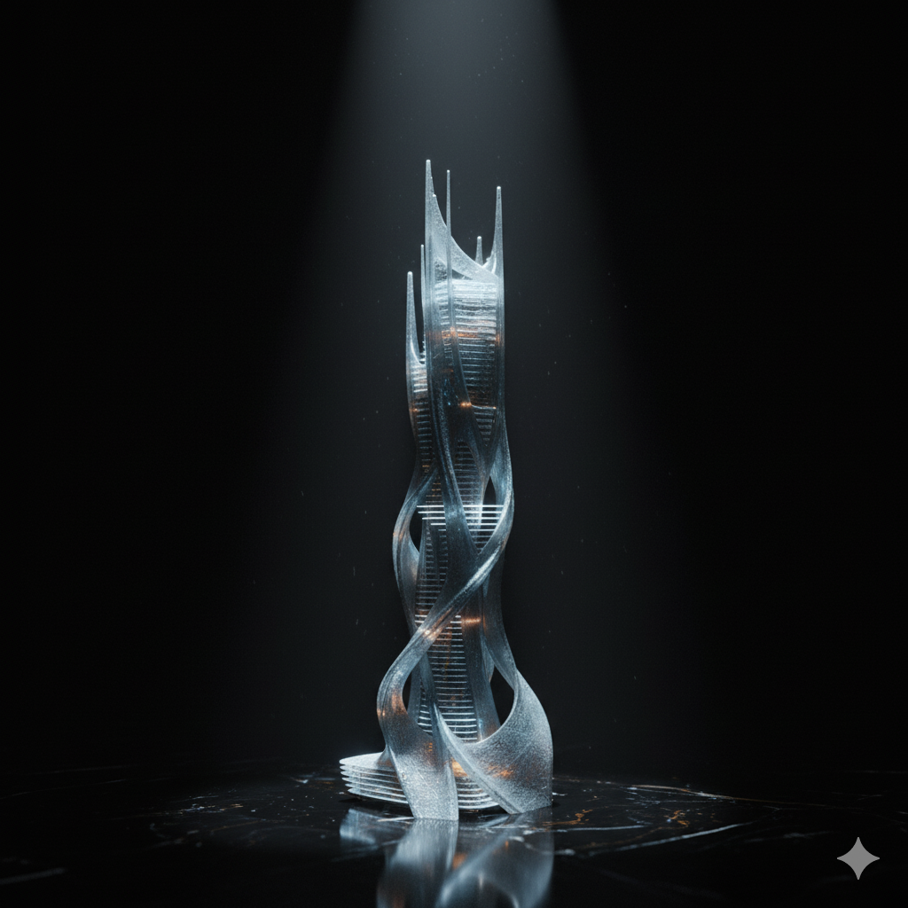 Render artístico conceitual de uma torre arquitetônica futurista.